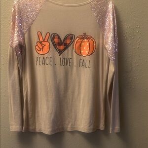 Kids Peace Love Fall Shirt - Beige with Pink Sequins